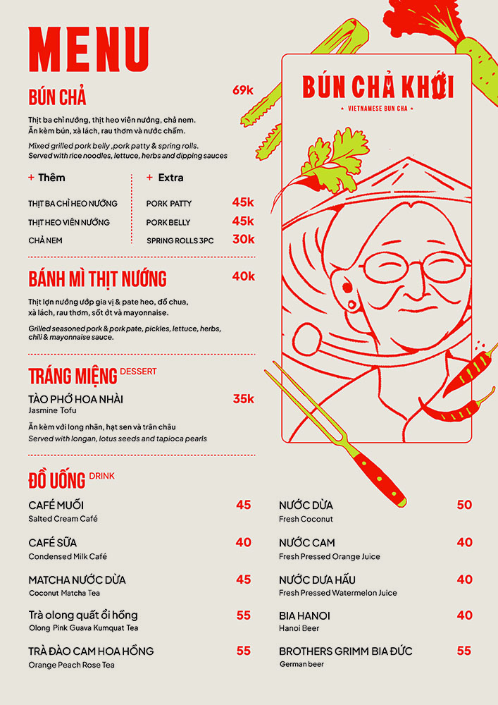 Menu for Bun Cha meal and banh mi in Bun Cha Khoi, located in 27 Trinh Cong Son, Tay Ho, Hanoi, Vietnam.